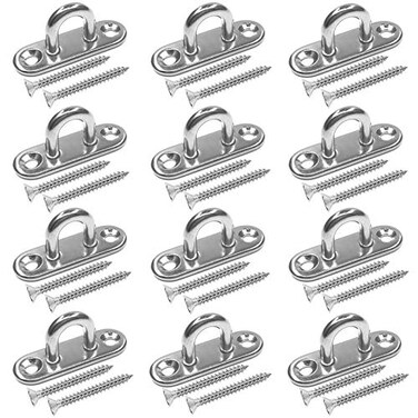 TERMATH 12 Pcs Stainless Steel Pad Eye Plate U Hooks 1.8 inches String Lights Hook,Plant Hangers with Screws Anchors