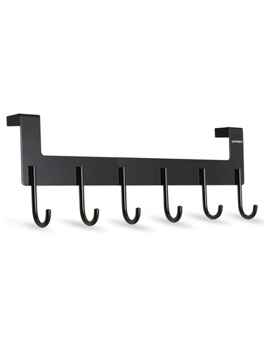 UDENIS Over Door Hanger, Aluminum Over The Door Towel Rack Hooks with 6 Hook for Hanging Towel Robe Coat Bathroom Bedroom, Towel Rails, Metal Black