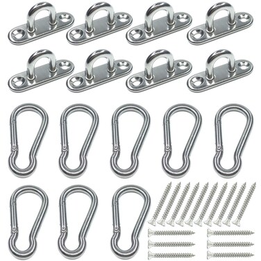 TERMATH 8 Pcs Stainless Steel 1.8 inch Pad Eye Plate U Hooks and 8pcs Snap Hooks,Shade Sail Hardware,Outdoors String Lights Hangers with Screws Anchors