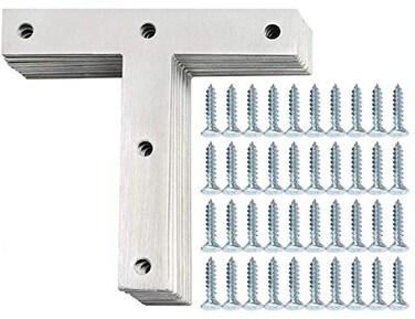 Alise T Flat Brackets,Corner Bracket Corner Brace Mending Plate Repair 120mm x 120mm Stainless Steel Flat Braces for Wood Tables, Chairs, Sofas, Beds, Cabinets, Doors and Windows,Brushed,Pack of 8