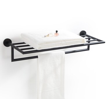 BUVELOT Black Towel Racks for Bathroom Wall Mounted, Towel Shelf, Wall Mounted and Modern Hotel Style with Towel Bar 25.75 Inch, 077100-MB Leo Series, Matte Black