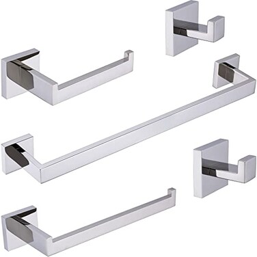 TRUSTMI 5-Piece Bathroom Hardware Accessory Set Robe Hook Towel Bar Toilet Roll Paper Holder Towel Ring Wall Mounted, SUS 304 Stainless Steel, Chrome