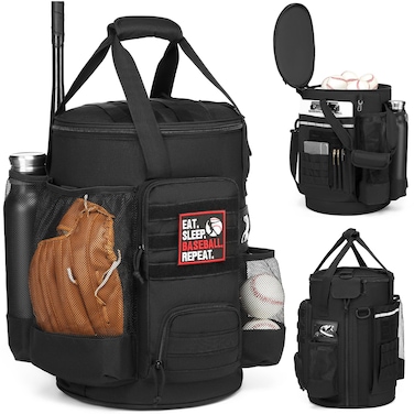 SunForMorning Baseball Bucket Bag Baseball Coaching Accessories Organizer Softball Bucket Bag with Anti-Slip Bottom &amp; Multiple Pockets for Bat, Gloves, Scoreboards, Black