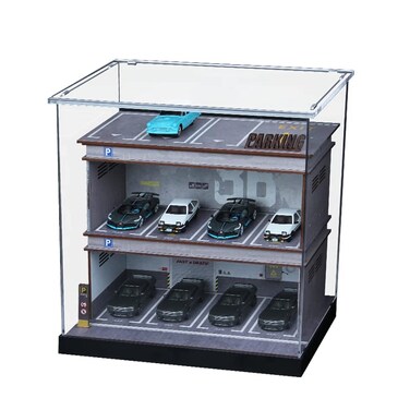 Hot Diecast Wheels Display Case - 1/64 Scale Die-cast Model Car Display Case with LED Light and Acrylic Cover, Wooden Parking Garage in 3 Floors with 10 Parking Spaces (86)