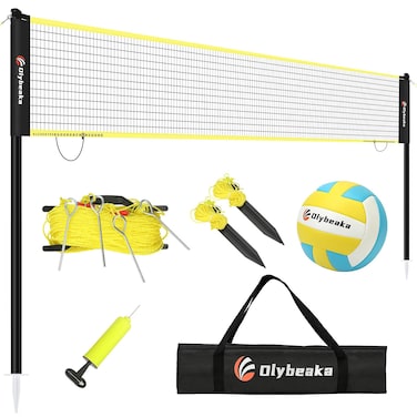 Olybeaka Portable Outdoor Volleyball Net with Iron Adjustable Height Poles, Professional Volleyball Net Set System 32ft with Scoring Clamps for Park, Beach, Lawn (Black)