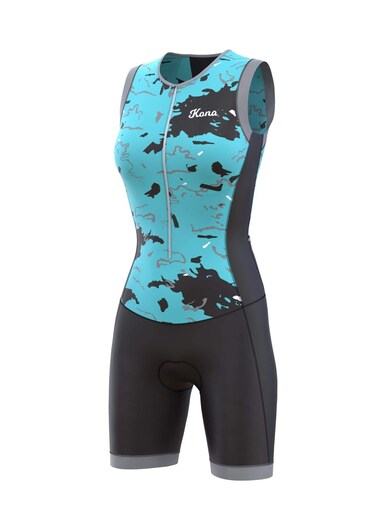 KONA Assault Women's Triathlon Race Suit - Speedsuit Skinsuit Trisuit Sleeveless - One-Piece Vest and Short Combo with Body-Mapped Ventilation (Large, Teal)