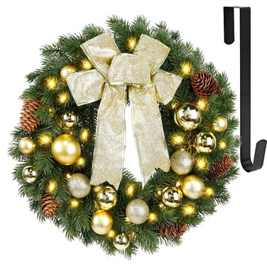 Hausse 15" Lighted Christmas Wreath with Metal Hanger, Pre-lit Xmas Wreath with Golden Bow &amp; Balls, 8 Modes &amp; Timer, Battery Operated with 40 Lights, for Front Door Gate Wall Xmas Party Decorations