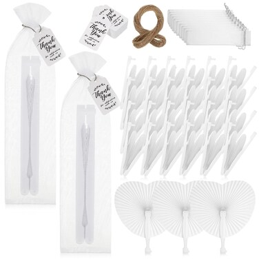 Gerrii 24 Pcs Wedding Heart Shaped Folding Paper Fans Decorative Folding Fans Wedding Fans for Guests White Handheld Fan with Labels and Gift Bags for Bridal Shower Birthday Party Anniversary Favors