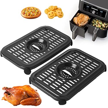 2 PCS Air Fryer Replacement Parts for Ninja Foodi DZ090 6QT DZ201 DZ100 8QT DualZone Air Fryers, Non-Stick Food Grade Air Fryer Accessories Grill Pan Plate Crisper Plate Rack Tray, Dishwasher Safe