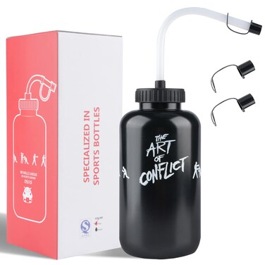 SHOKE Long Straw Water Bottle Hockey Boxing 1 Liter Water Bottle Football BPA Free Squeeze Leak Proof Sports Water Bottles for Baseball Lacrosse Cycling Sport Large Capacity 32 Oz/1 Liter-Black