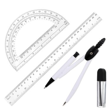 Student Protractor and Compass Set, 3 Pcs Geometry Math Set, 12 Inch Plastic Clear Ruler, Compass for Geometry and 180 Degree 6 Inch Protractor for Drawing Measuring School Office (Classic)