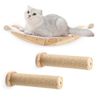 Gekmocon Cat Wall Furniture, 3 Pack Cat Wall Shelves Set, Solid Rubber Wood Cat Wall Steps and Hammock for Sleeping, Playing, Scratching, Climbing