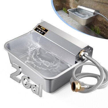 PETIMI Automatic Dog Water Dispenser, 2 Gallons 304 Stainless Steel Dog Water Bowl for Indoor/Outdoor, Large Water Bowl for Pets &amp; Livestock, Anti Tip, Wide Mouth, Water Auto Fill, Fit GHT 3/4" Faucet