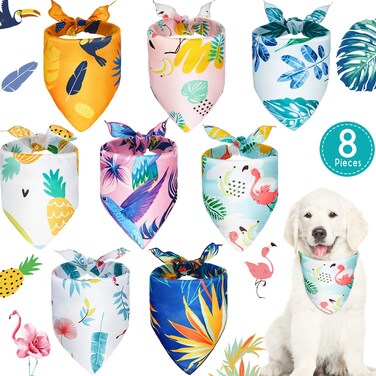 Frienda 8 Pieces Summer Pet Bandanas Dog Triangle Summer Bandana Hawaiian Dog Scarf Pet Triangle Bibs Adjustable Rainforest Fruit Flamingo Style Bandana for Small Large Dogs