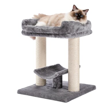 PETEPELA 19" Cat Scratching Post, Cat Tree Tower, 100% Natural Sisal Cat Scratcher with Large Plush Top Perch Bed, Cozy Cat Platform for Kittens and Cats