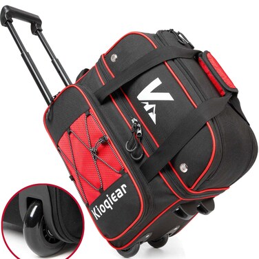 Kioqiear Double Roller 2 Ball Bowling Bag with Large Separate Shoe Compartment and Oversized Accessory Pocket, 36" Extendable Handle. (RED)