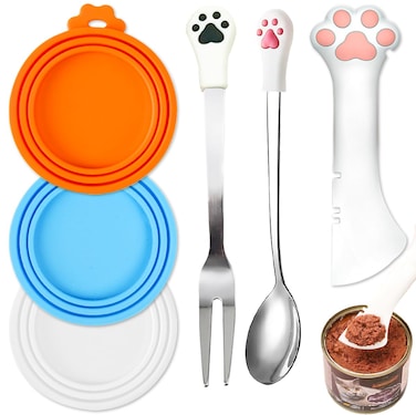 Ainvhh Pet Food Can Cover Lid and Spoon Sets Silicone Can Topper and Multifuctional Mini Spatula Pet Can Opener Stainless Steel and Silicone Food Canned Scoop Cute Cat Claw Spoon and Dishwasher Safe