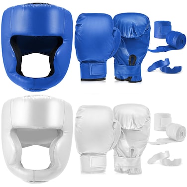 Kanayu 14 Pcs Boxing Set Including 2 Pair of 16 oz Boxing Gloves Headgear Helmet Boxing Hand Wraps Mouth Guards Gifts for Adults Youth Beginners Training Equipment(Blue, White)