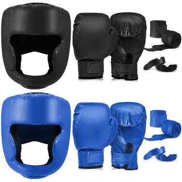 Kanayu 14 Pcs Boxing Set Including 2 Pair of 16 oz Boxing Gloves Headgear Helmet Boxing Hand Wraps Mouth Guards Gifts for Adults Youth Beginners Training Equipment(Black, Blue)