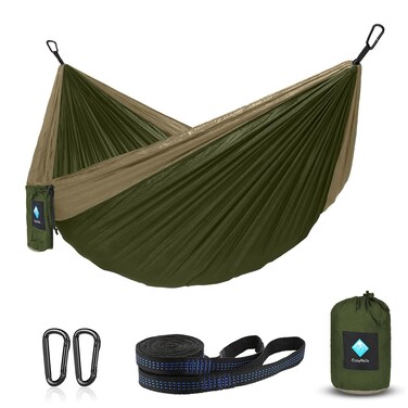 Hammock Camping, Portable Single/Double Hammocks for Outdoor Hiking Travel Backpacking - 210D Nylon Hammock Swing for Backyard &amp; Garden (Green/Khaki)