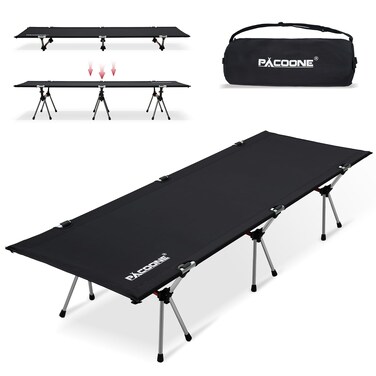 PACOONE 2-in-1 Ultralight Folding Camping Cot with Leg Extenders, Military Camping Cots Bed, Heavy Duty Folding Sleeping Camping Cot for Backpacking Hiking Travel Tent, Support 330 Lbs(Black)
