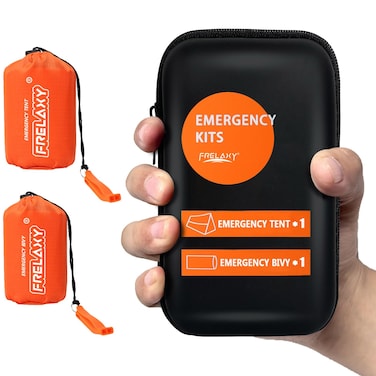 Frelaxy Extra-Thick Survival Tent and Emergency Sleeping Bag, Emergency Shelter Survival Bivy Set with Whistles, Paracord, Storage Pouches, and EVA Case, Perfect for Survival Kits (Orange Set)