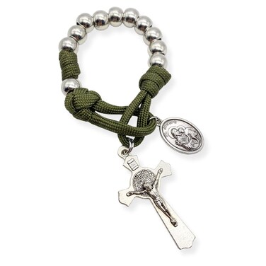 Nazareth Store Olive Military One Decade Paracord Rosary Silver Beads Pocket Car Rosary Pray For Us St. Joseph Medal &amp; St. Benedict Cross