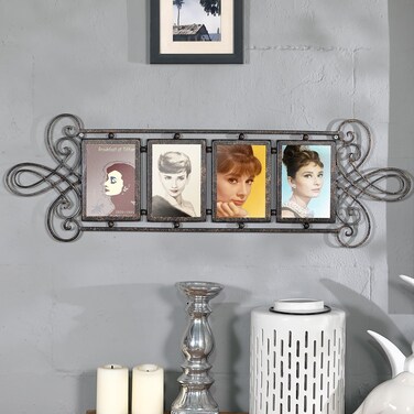 XAONIEN Metal Scroll 4 Slot Wall Hanging 4x6 Picture Frames Collage, Brown Picture Frames Collage Wall Decor