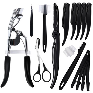 Qianosen Eyebrow Trimmer Set - Precision Grooming Kit with 6 Long and 6 Short Trimmers, Combs, Brushes, Tweezers, Eyelash Curler - Black Beauty Tools