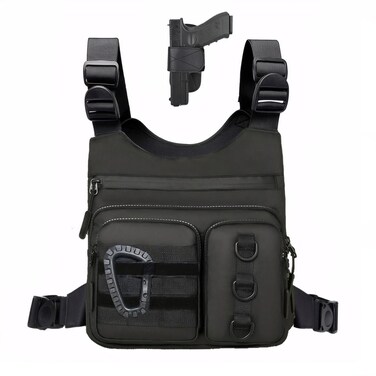 USA Original Patent Outdoor Sports Chest Bag for Men Women, Large Capacity Running Vest Rig with Water Bottle Pocket, Comfort Hands Freely EDC Chest Pack for Hiking,Cycling,Travelling (Black)