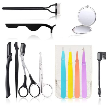 Eyebrow Kit,12 in 1 Eyebrow Tweezers Kit,Professional Eyebrow Shaping,Trimming,Grooming Includes Eyebrow Tweezers,Eyebrow Razor,Eyebrow Scissors, Brush,False Eyelash Curler&amp;Comb,Mirror