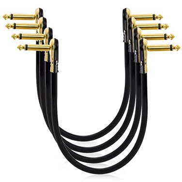 AVLA 4 Pack Guitar Patch Cables, 12 inch Flat Low Profile Pedal Instrument Cable, Right Angle Golden Pancake Connector for Effects Pedal Board, Guitar Accessories, Ultra Flexible and Durable