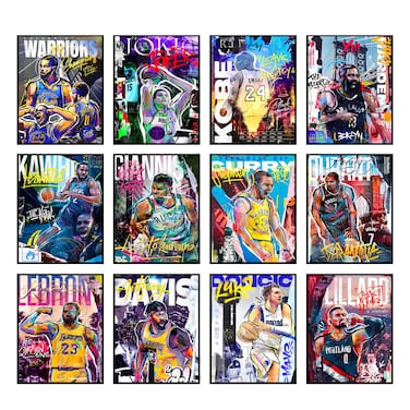 Bigwig Prints Basketball Poster Set - Basketball Posters for Boys Bedroom, Basketball Wall Art, NBA Posters for Boys Bedroom, NBA Poster, Kobe Bryant, Lebron James, Steph Curry -Unframed 12 PCS (8x10)