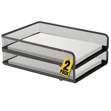 1InTheOffice Desk Trays Stackable Letter Tray, Matte Black Wire Mesh Front-Load Paper Tray Organizer, (2 Pack)