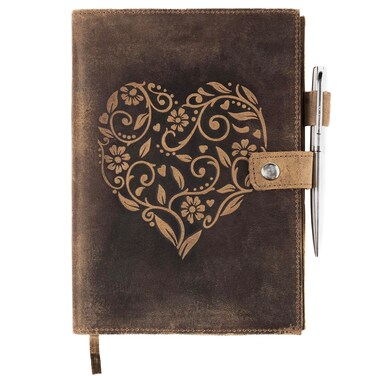 moonster Refillable Leather Journal Embossed Heart Shape Cover Design Journals with Pen &ndash; Milled A5 Leather Journal Lined Paper - Journals for Women &ndash; Leather Vintage Journal - 320 Pages