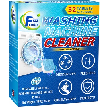 FizzFresh Washing Machine Cleaner Tablets 32-Pack - Deep Cleaner Descaler for Front Load or Top Load Washer - Clean Inside Drum, Tub seal &amp; other Parts Descaler &amp; septic safe