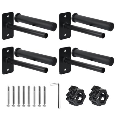EVERYMATE Weight Plate Holder, Wall Mounted Weight Rack for 1" and 2" Olympic Weight Plates, 4 Pack Home Gym Storage with 8pcs Steel Expansion Bolts &amp; 2pcs Bar Collar, Weight Storage Racks