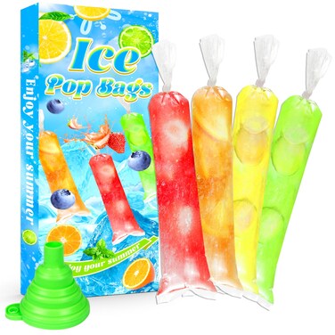 100 Packs Disposable Ice Pop Bags Popsicle Bags with Silicone Funnel for Ice Candy Pop, Yogurt Sticks, Juice Smoothies, Fruit Shake, Snacks