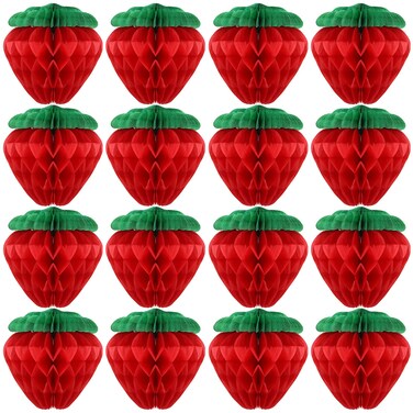 Zonon 16 Pieces 6 Inch Strawberry Honeycomb Ball Tissue Paper Strawberry Ball Paper Strawberry Decoration for Strawberry Themed Birthday Party (Red)
