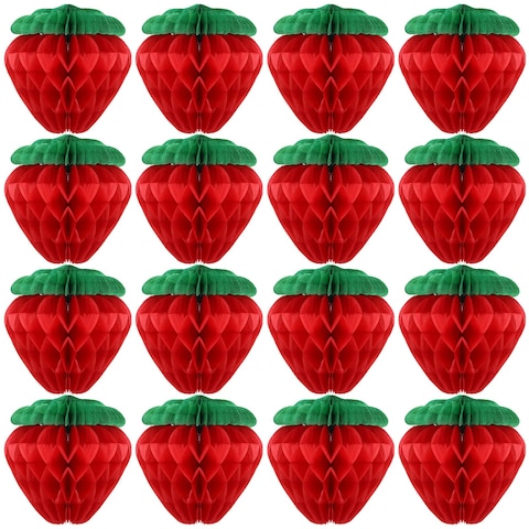 Zonon 16 Pieces 6 Inch Strawberry Honeycomb Ball Tissue Paper Strawberry Ball Paper Strawberry Decoration for Strawberry Themed Birthday Party (Red)