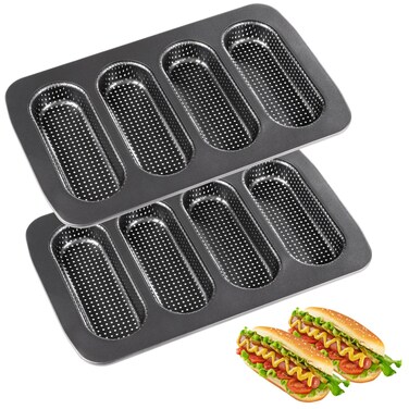 Hot Dot Bun Pan Set of 2, Perforated Carbon Steel Hotdog Bun Molds Non-Stick Bread Forms Crispy Mini Baguette Sandwich Baking Trays for Hot Dog Bun Rolls