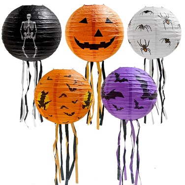 AIMI 5PCS Halloween Paper Lantern Foldable Hanging Lanterns with Tassels, Jack-O-Lantern Spider Bat Skeleton Pumpkin Lanterns for Halloween Party Weddings Garden Bedroom Bar Indoor Outdoor Decoration