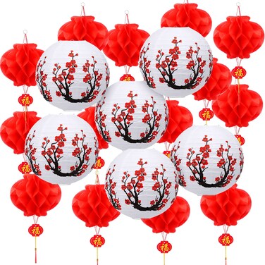 Mudder 20 Pieces Chinese Lunar New Year Lanterns Decor Includes 12 Inch Cherry Flowers Paper Lanterns 7.5 Inch Chinese Red Lanterns for Chinese Japanese Asia Home Restaurant Wedding(White)