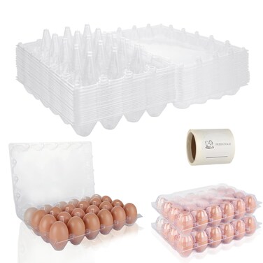 Oungy 36 PCS Plastic Egg Cartons Cheap Bulk 24 Count Clear Blank Egg Cartons with Free Labels Holds up to 24 Eggs Securely Reusable Egg Carton for Family Pasture Chicken Farm Market Display, 4x6 Grids