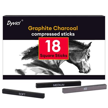 Dyvicl Compressed Graphite Charcoal Sticks, Square Black White Charcoal for Drawing, Sketching, Shading, Blending, Pack of 18 Charcoal Drawing Set for Beginners and Artists