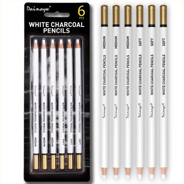 dainayw 6 Pcs White Charcoal Pencils Drawing Set, Professional Smooth Soft &amp; Medium Sketching Pencil Art Supplies for Drawing, Highlighting, Sketching, Blending