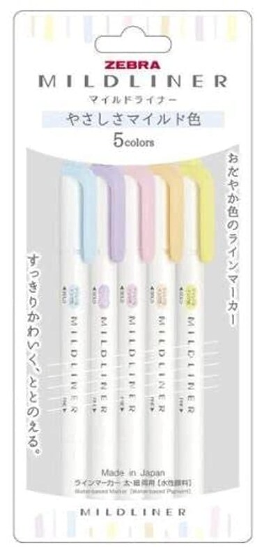 Zebra Line Marker, Thick &amp; Fine Water Based Pigment, Mildliner, 5 Colors, WKT7-5C-YC