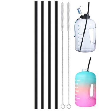 ALINK 15 inch Extra Long Reusable Black Silicone Straws, 4-Pack Flexible Straws for Stanley 40 oz Tumbler, 1 Gallon Water Bottle, Wine Bottle, 128 64 oz Tumbler with Brush