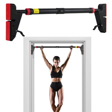 FICTOR Door Pull up Bar for Doorway, Strength Training Equipment, Adjustable 30''-37'' Door Frame, Non-slip Chin up Bar for Home Gym, with No Screw Installation (Red-S（30''-37''）)