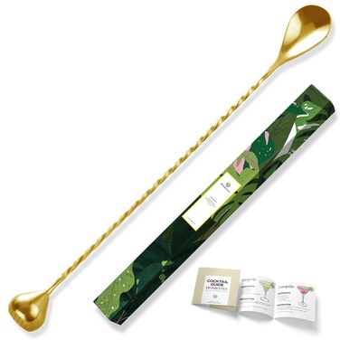 Homestia 2 in 1 Bar Muddler Spoon, Cocktail Mixing Stirrers + Fruit Smasher for Drink, 12-Inch 304 Stainless Steel Bar Spoon Spiral Long Handle Cocktail Spoon Gold